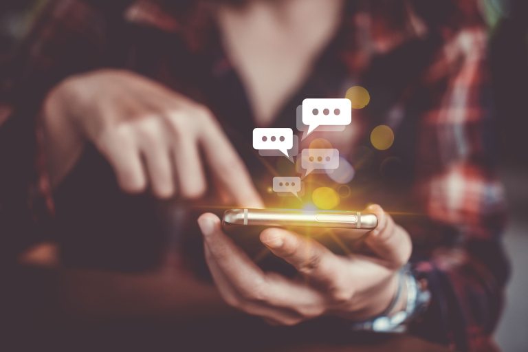 Women Hand Using Smartphone Typing, Chatting Conversation In Cha