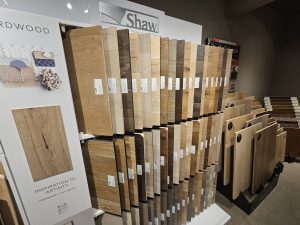 A display of wood flooring in a store featuring fogo solutions.
