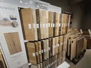 A display of wood flooring in a store featuring fogo solutions.