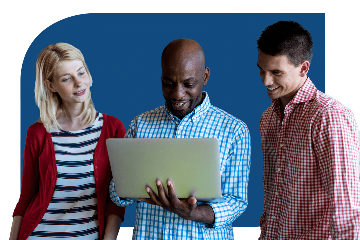 A group of people viewing a laptop for seo purposes.