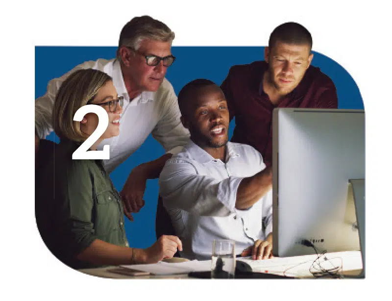 A group of people making contact with a computer screen. A group of people making contact with a computer screen.